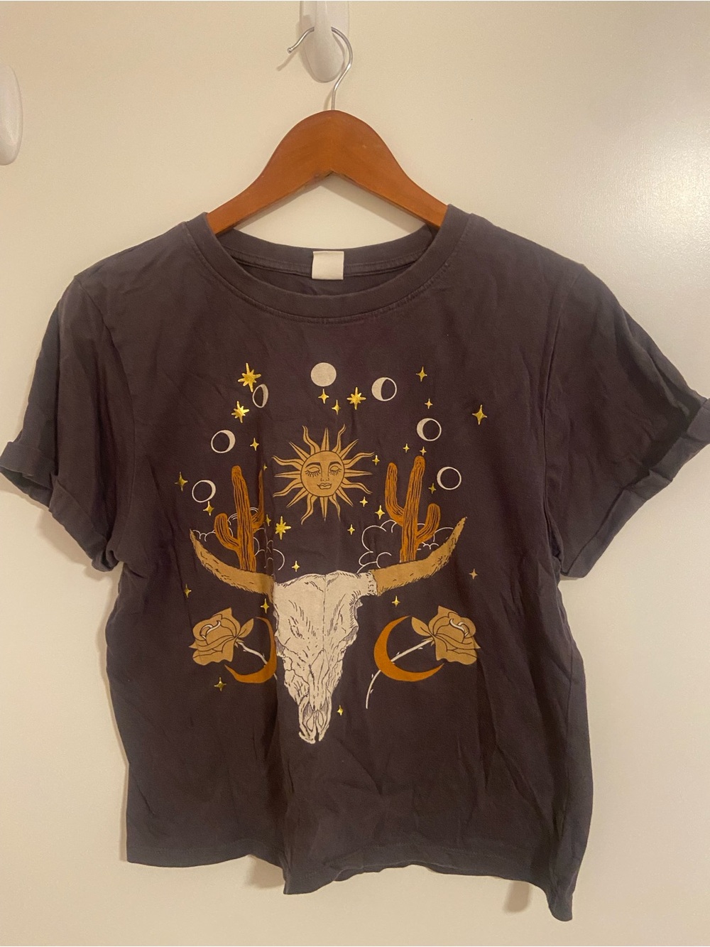 Vibe Black Tee with Gold Celestial Skull Graphic